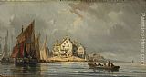 Boats Canvas Paintings - Coastal Landscape with Boats and Constructions